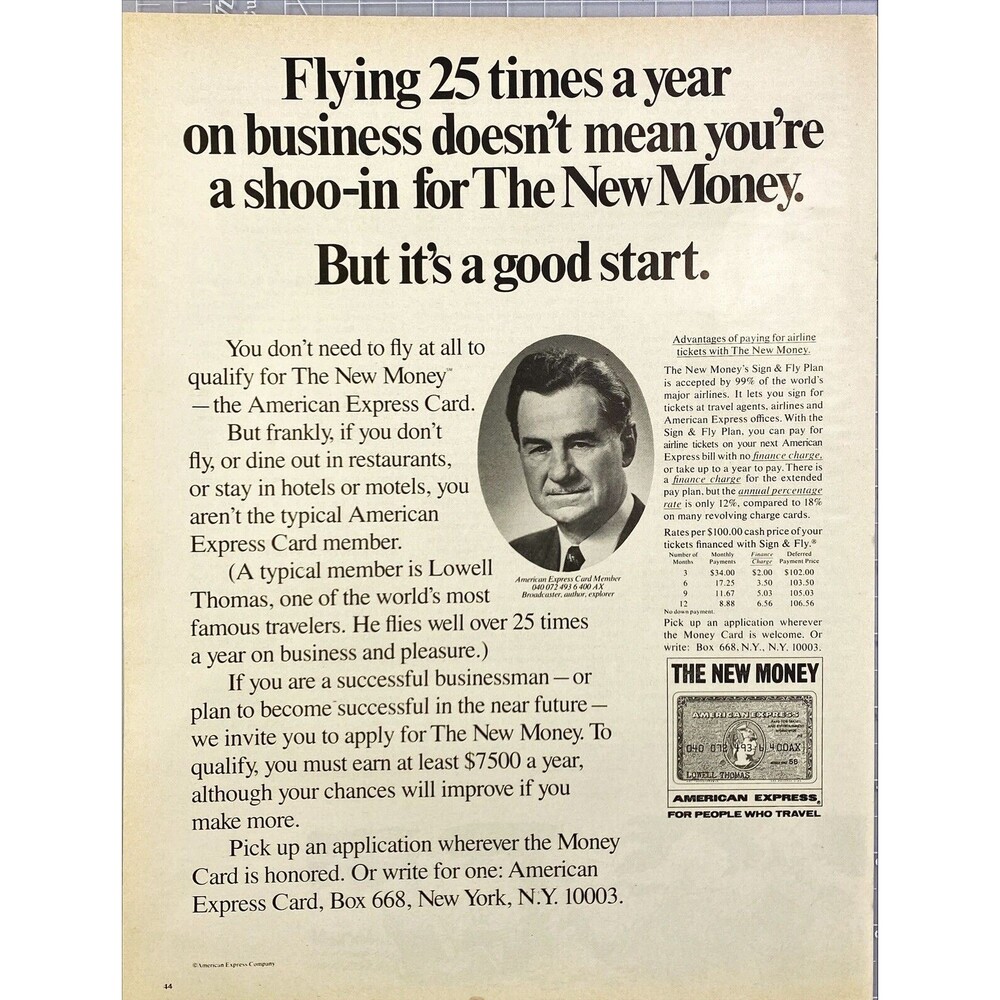 American Express Card "The New Money Advantages for Airline Travel"Print Ad 1970